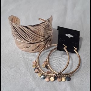 New Sevil 18kgp leaf cuff bracelet dangle disc ear